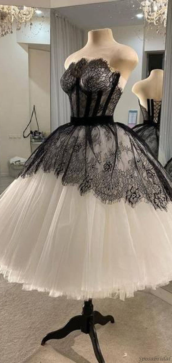 Elegant Black-and-white Strapless Lace Top A-line Mid Length Homecomin SposaBridal Elegant Black-and-white Strapless Lace Top A-line Mid Length Homecomin SposaBridal