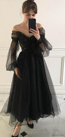 Elegant Black Off-shoulder Tulle Lace Top A-line Ankle-length Prom Dress, PD3219