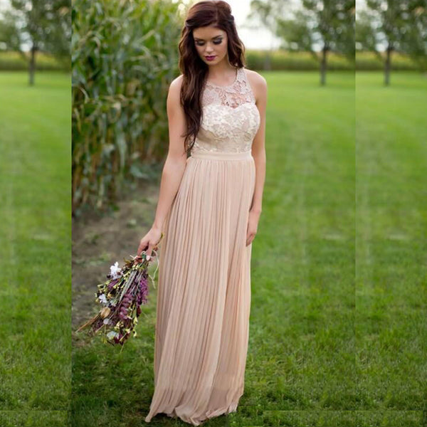 Elegant Blush Pink Strapless Lace Top Flowy Long Bridesmaid Dress, BD3