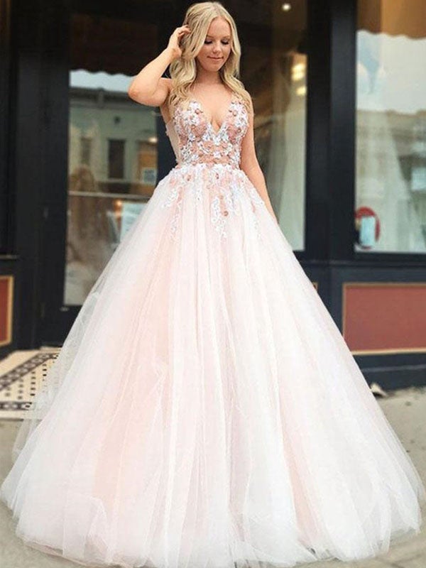 Charming Modest Pretty Tulle V-Neck Princess Pink Long Prom Dresses with Appliques, PD1380