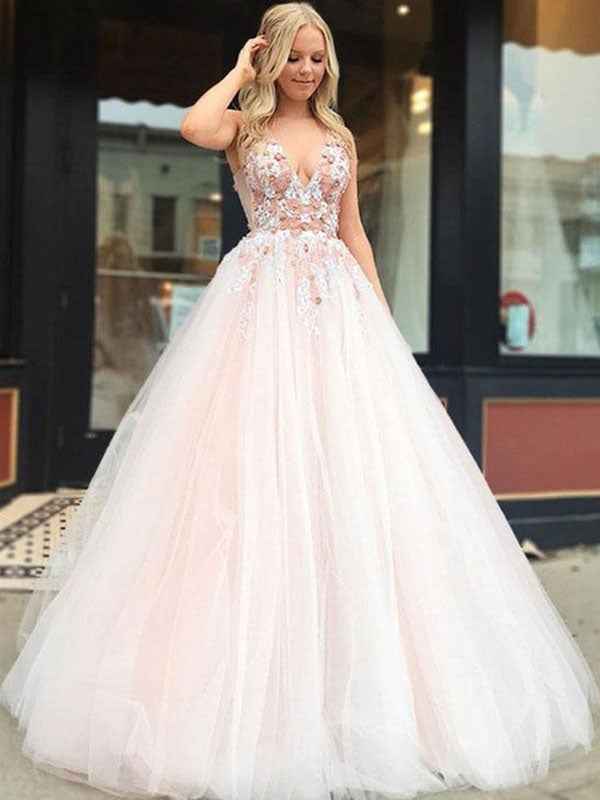 Charming Modest Pretty Tulle V-Neck Princess Pink Long Prom Dresses wi SposaBridal Charming Modest Pretty Tulle V-Neck Princess Pink Long Prom Dresses wi SposaBridal