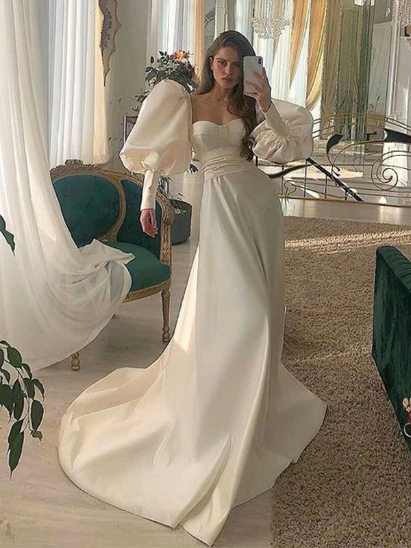 Elegant Bubble Shoulder Beige Sweetheart A-line Long Tail Wedding Dres SposaBridal Elegant Bubble Shoulder Beige Sweetheart A-line Long Tail Wedding Dres SposaBridal