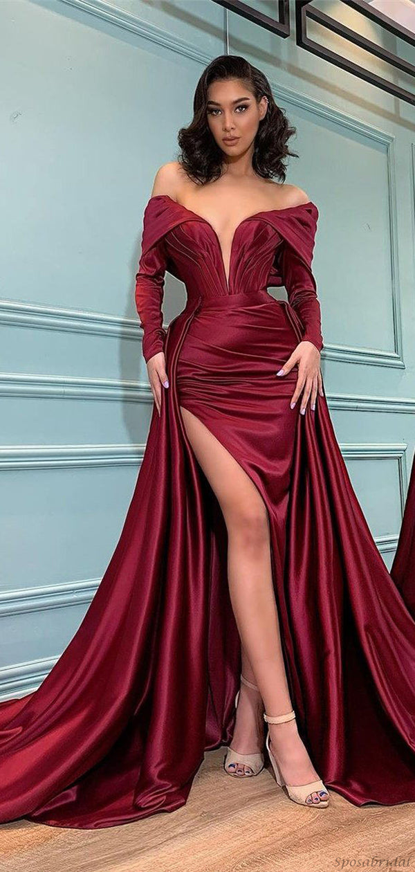 Elegant Burgundy V-neck Off-shoulder Side-slit Detachable Mermaid Long SposaBridal Elegant Burgundy V-neck Off-shoulder Side-slit Detachable Mermaid Long SposaBridal