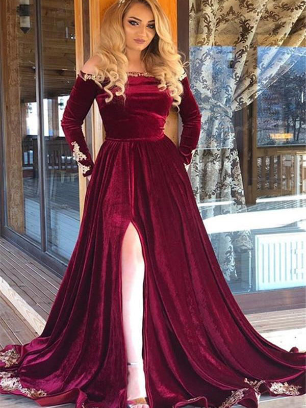 Elegant Burgundy Velvet Off-shoulder Long Sleeves Appliques Side-slit SposaBridal Elegant Burgundy Velvet Off-shoulder Long Sleeves Appliques Side-slit SposaBridal