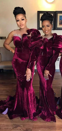 Elegant Burgundy Velvet One-shoulder Ruffle Mermaid Beads Floor-length Bridesmaid Dress, BD3187