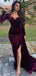 Elegant Maroon Velvet V-neck Long Sleeves Side-slit Mermaid Long Train Prom Dress, PD3217