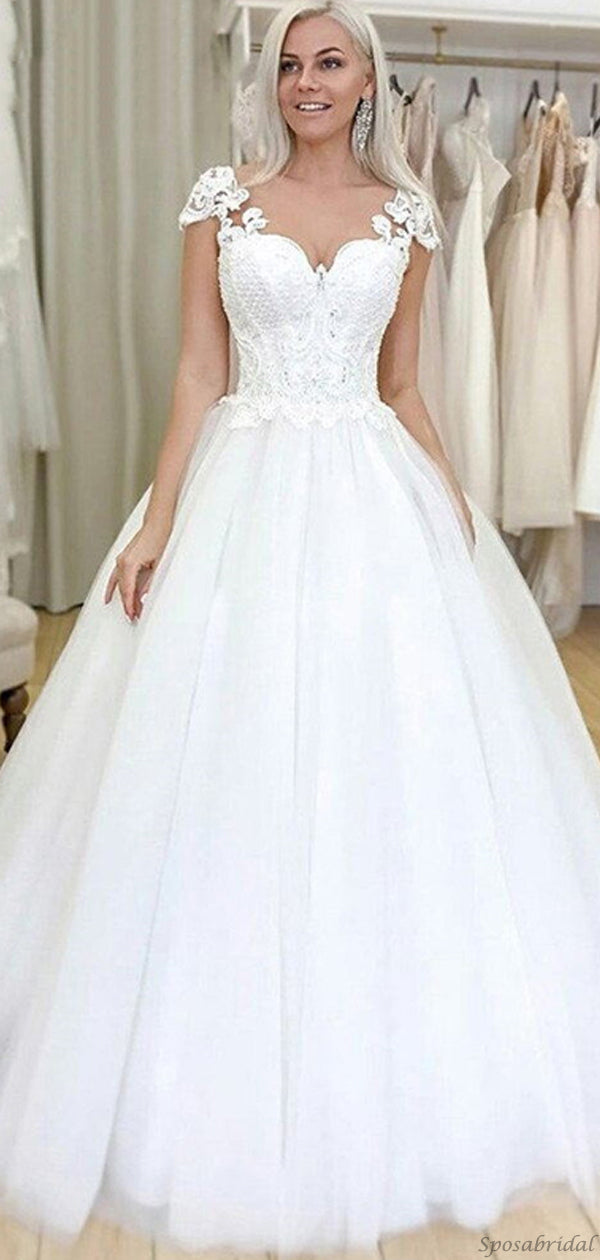 Elegant Cap Sleeve Lace Top Sweetheart A-line Long Wedding Dress, WD30 – SposaBridal Elegant Cap Sleeve Lace Top Sweetheart A-line Long Wedding Dress, WD30 – SposaBridal