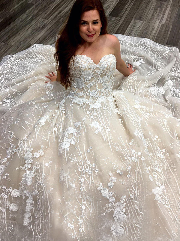 champagne sweetheart wedding dress Champagne A-Line Wedding Gown w/ Lace Bodice & Plunging Neckline
