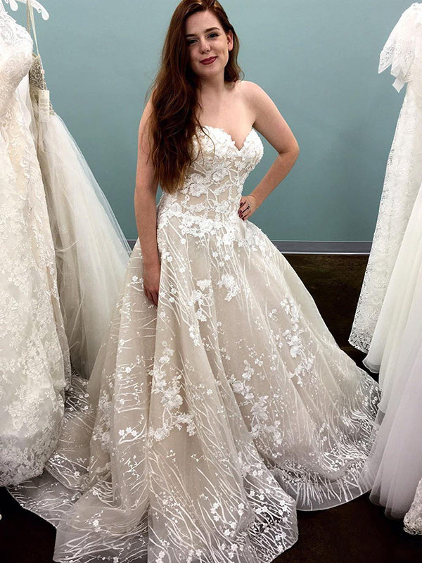 Elegant Champagne Sweetheart Strapless Lace A-line Long Wedding Dress, SposaBridal Elegant Champagne Sweetheart Strapless Lace A-line Long Wedding Dress, SposaBridal
