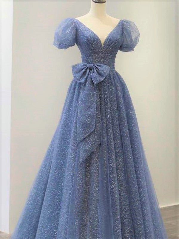 Elegant Dusty Blue Princess Bubble Cap Sleeves Sparkly A-line Long Pro SposaBridal Elegant Dusty Blue Princess Bubble Cap Sleeves Sparkly A-line Long Pro SposaBridal