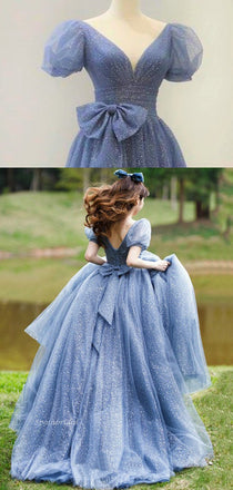 Elegant Dusty Blue Princess Bubble Cap Sleeves Sparkly A-line Long Prom Dress, PD3398