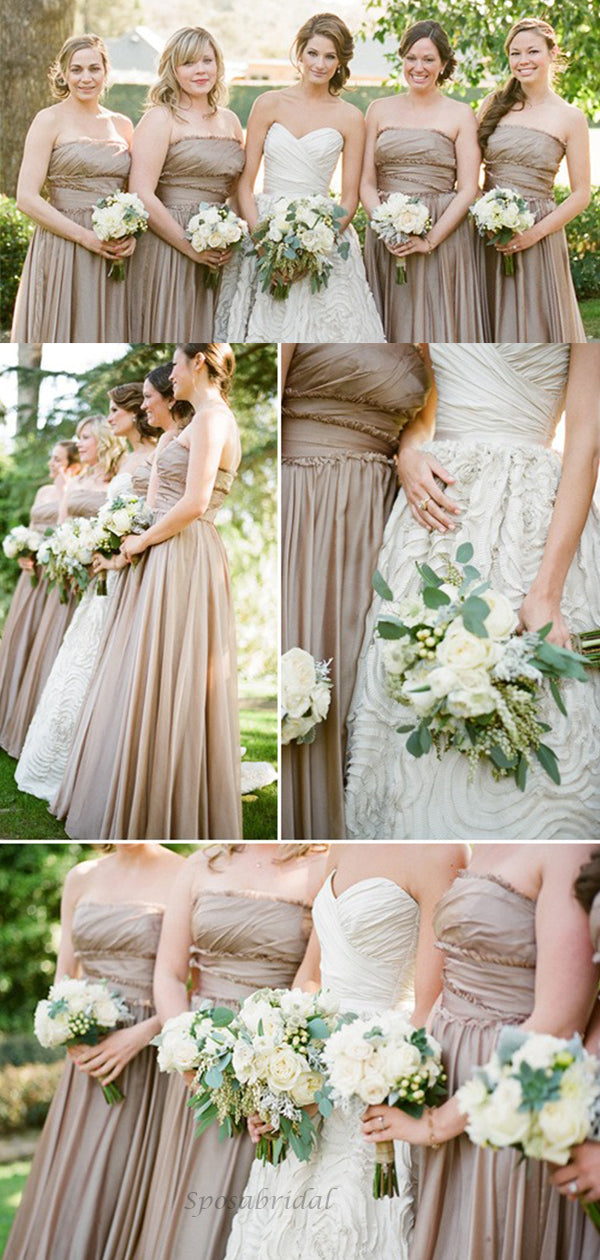 Elegant Dusty Champagne Strapless A-line Pleats Long Bridesmaid Dress, SposaBridal Elegant Dusty Champagne Strapless A-line Pleats Long Bridesmaid Dress, SposaBridal
