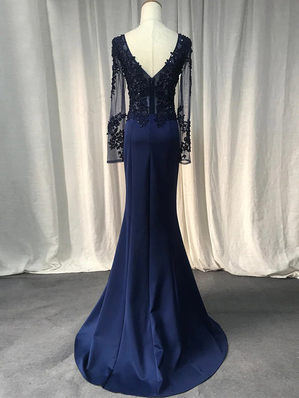 Elegant Navy Blue, Emerald Green V-neck Lace Top Mermaid Long Prom Dre SposaBridal Elegant Navy Blue, Emerald Green V-neck Lace Top Mermaid Long Prom Dre SposaBridal