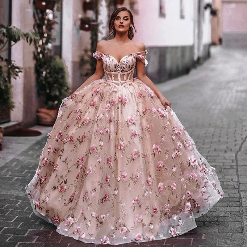 Elegant Floral Blush Pink Off-shoulder Sweetheart A-line Long Prom Dress, Ball Gown, PD3186
