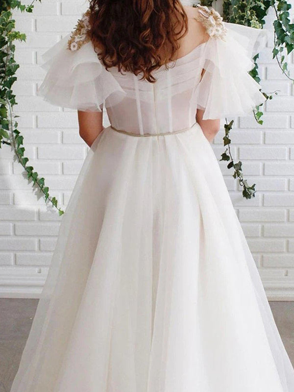 Elegant Floral Organza Ruffle Sleeve A-line Long Wedding Dress, WD3041