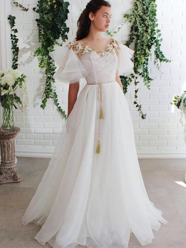 Elegant Floral Organza Ruffle Sleeve A-line Long Wedding Dress, WD3041 –  SposaBridal