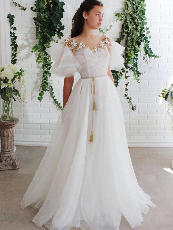 Elegant Floral Organza Ruffle Sleeve A-line Long Wedding Dress, WD3041 SposaBridal Elegant Floral Organza Ruffle Sleeve A-line Long Wedding Dress, WD3041 SposaBridal