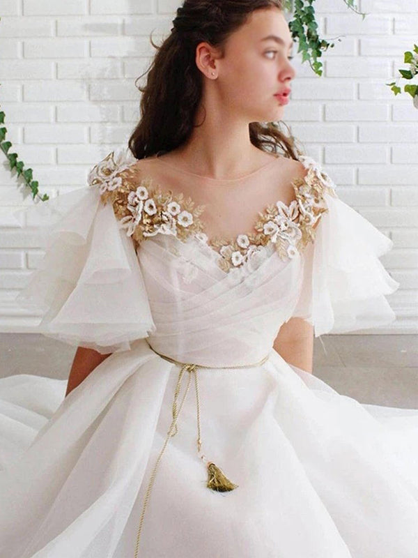 Elegant Floral Organza Ruffle Sleeve A-line Long Wedding Dress, WD3041 SposaBridal Elegant Floral Organza Ruffle Sleeve A-line Long Wedding Dress, WD3041 SposaBridal