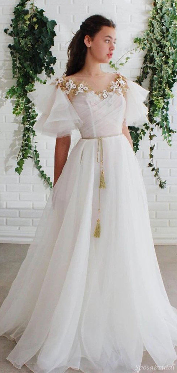Elegant Floral Organza Ruffle Sleeve A-line Long Wedding Dress, WD3041 SposaBridal Elegant Floral Organza Ruffle Sleeve A-line Long Wedding Dress, WD3041 SposaBridal