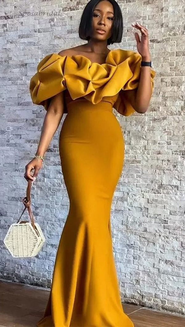 Elegant Ginger Yellow Off-shoulder Ruffle Top Mermaid Long Bridesmaid SposaBridal Elegant Ginger Yellow Off-shoulder Ruffle Top Mermaid Long Bridesmaid SposaBridal