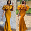 Elegant Ginger Yellow Off-shoulder Ruffle Top Mermaid Long Bridesmaid Dress, BD3232