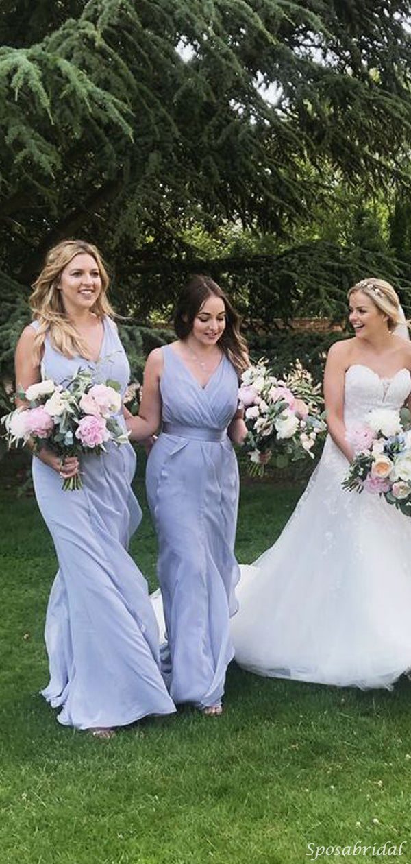 bluish grey bridesmaid dresses Elegant Greek Baby Blue Grey Blue V-neck Chiffon Long Bridesmaid Dress – SposaBridal