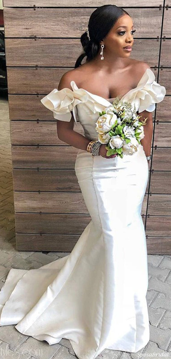 Elegant White Ruffle Off-shoulder Curvy Mermaid Bridesmaid Dress, BD32 – SposaBridal Elegant White Ruffle Off-shoulder Curvy Mermaid Bridesmaid Dress, BD32 – SposaBridal