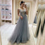 Elegant Lace Top See-through Gray A-line Long Tulle Prom Dress, PD3403