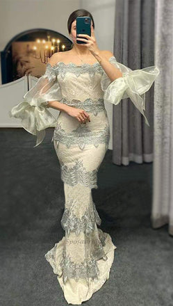 Elegant Luxury Gray And Ivory Off-shoulder Full Lace Mermaid Long Prom Dress, PD3400