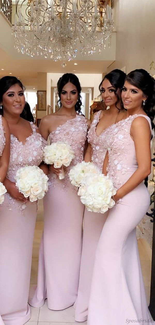 Elegant Mismatched Blush Pink Lace Top Mermaid Floor-length Bridesmaid SposaBridal Elegant Mismatched Blush Pink Lace Top Mermaid Floor-length Bridesmaid SposaBridal