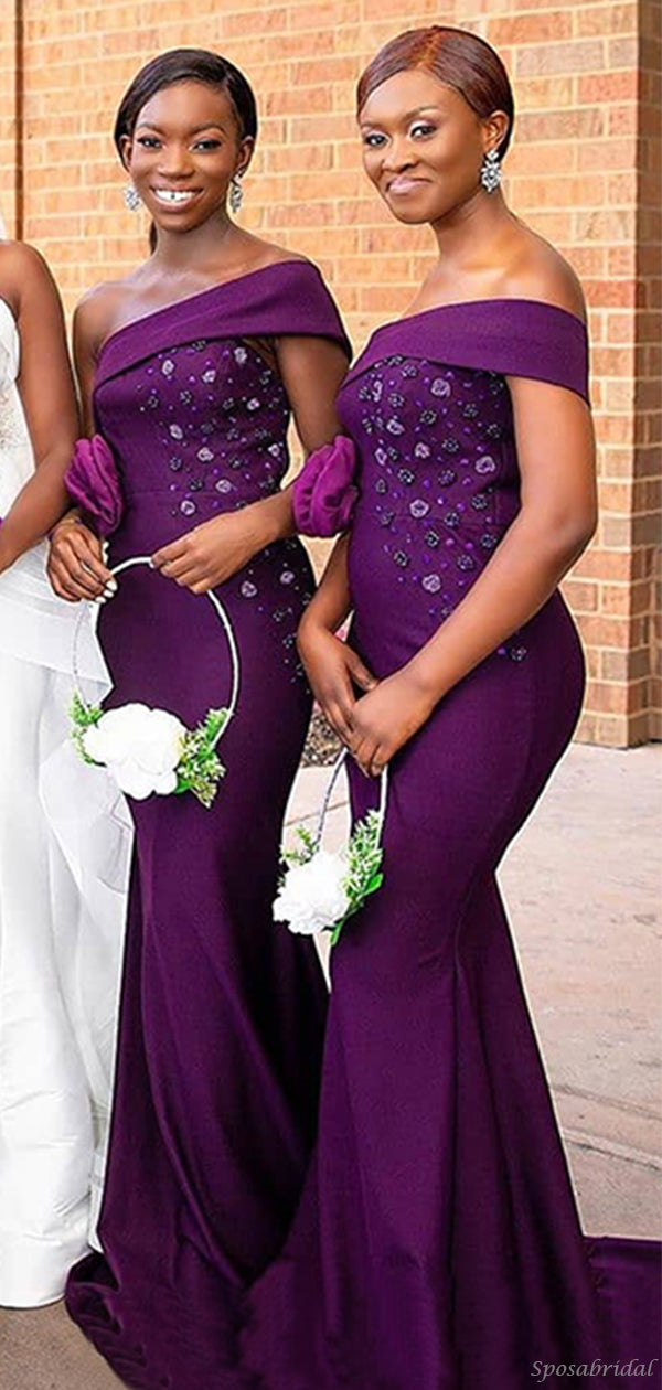Elegant Mulberry Purple One-shoulder Lace Top Mermaid Long Bridesmaid SposaBridal Elegant Mulberry Purple One-shoulder Lace Top Mermaid Long Bridesmaid SposaBridal