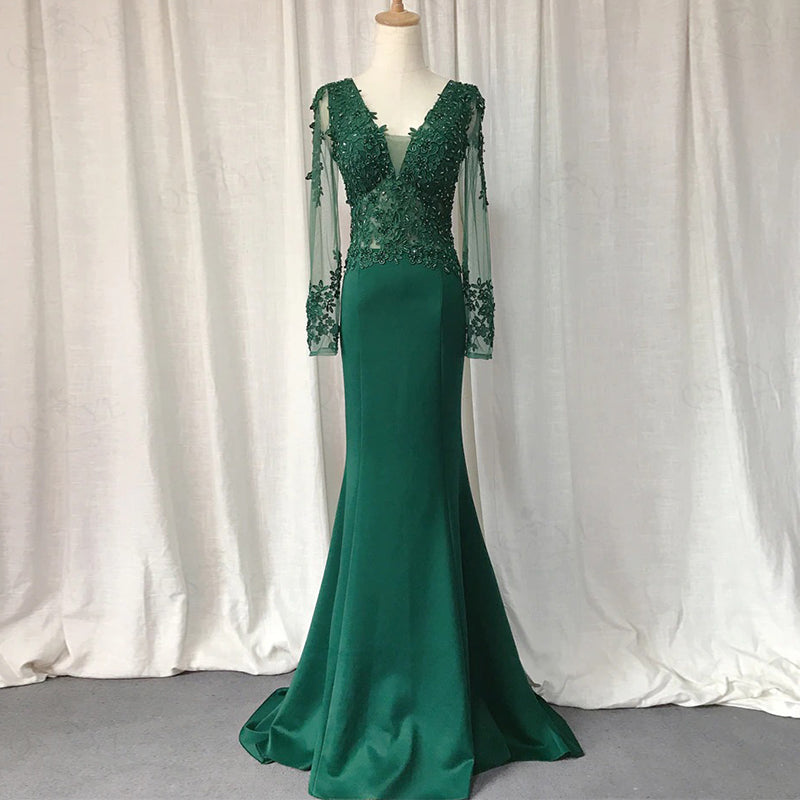Elegant Navy Blue, Emerald Green V-neck Lace Top Mermaid Long Prom Dress, PD3336