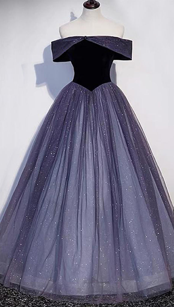 Elegant Navy Blue Sparkly A-line Off-shoulder Long Prom Dress, PD2349