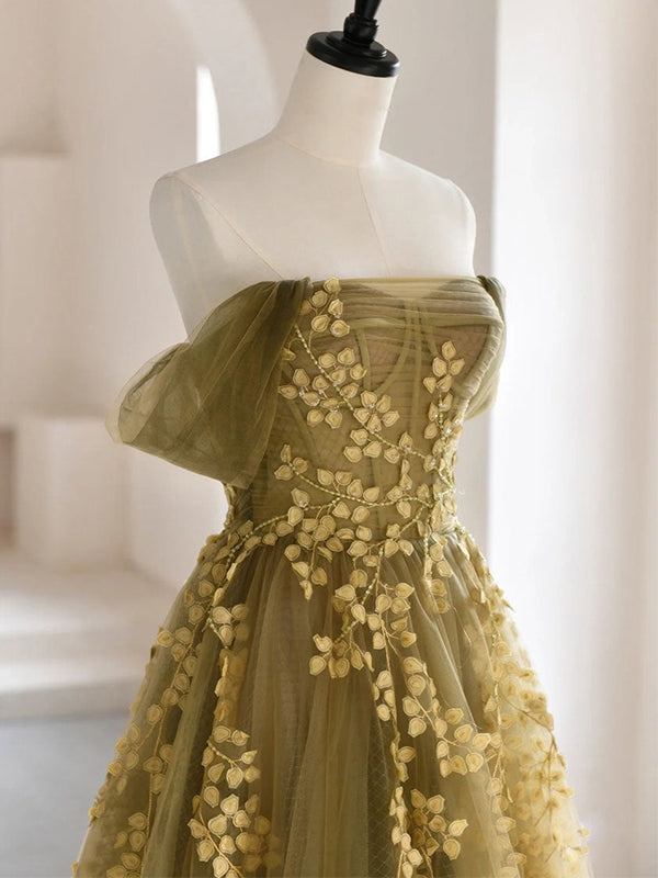 Elegant Off-shoulder Olive Green With Yellow Lace A-line Long Prom Dre SposaBridal Elegant Off-shoulder Olive Green With Yellow Lace A-line Long Prom Dre SposaBridal
