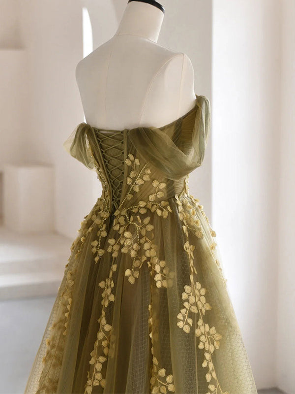 Elegant Off-shoulder Olive Green With Yellow Lace A-line Long Prom Dre SposaBridal Elegant Off-shoulder Olive Green With Yellow Lace A-line Long Prom Dre SposaBridal