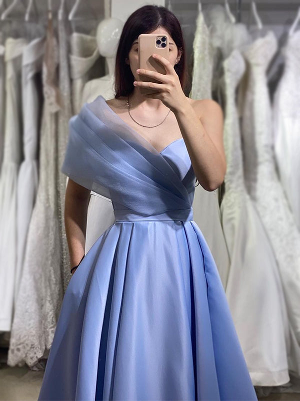 Elegant One-shoulder Light Blue A-line Simple Long Prom Dress, PD3392