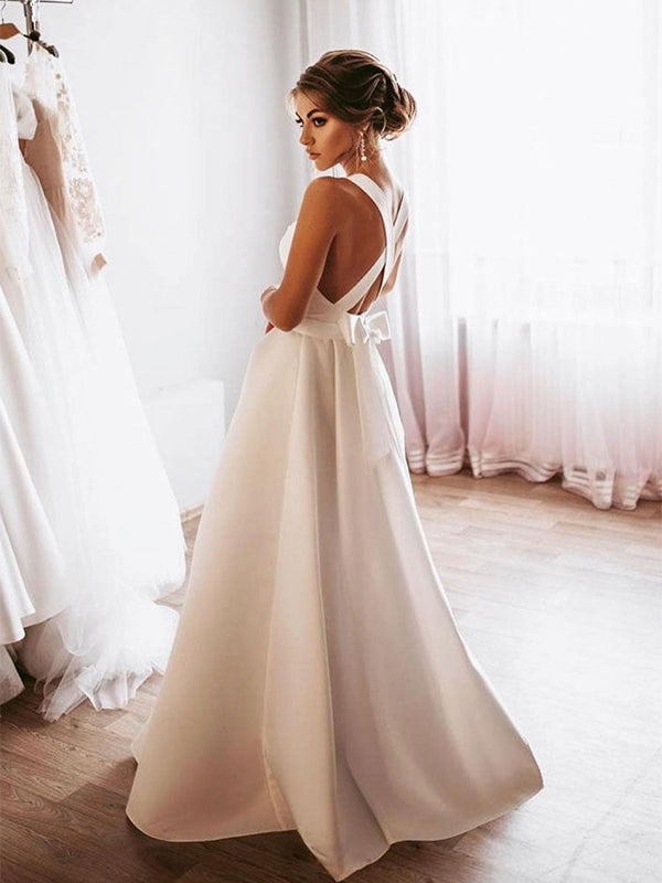 Elegant Open Back Simple Square Neck A-line Satin Wedding Dress, WD308 SposaBridal Elegant Open Back Simple Square Neck A-line Satin Wedding Dress, WD308 SposaBridal