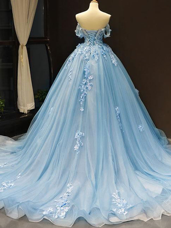 Elegant Pale Blue Off-shoulder Sweetheart Lace A-line Long Prom Dress, SposaBridal Elegant Pale Blue Off-shoulder Sweetheart Lace A-line Long Prom Dress, SposaBridal