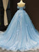 Elegant Pale Blue Off-shoulder Sweetheart Lace A-line Long Prom Dress, Ball Gown, PD3165