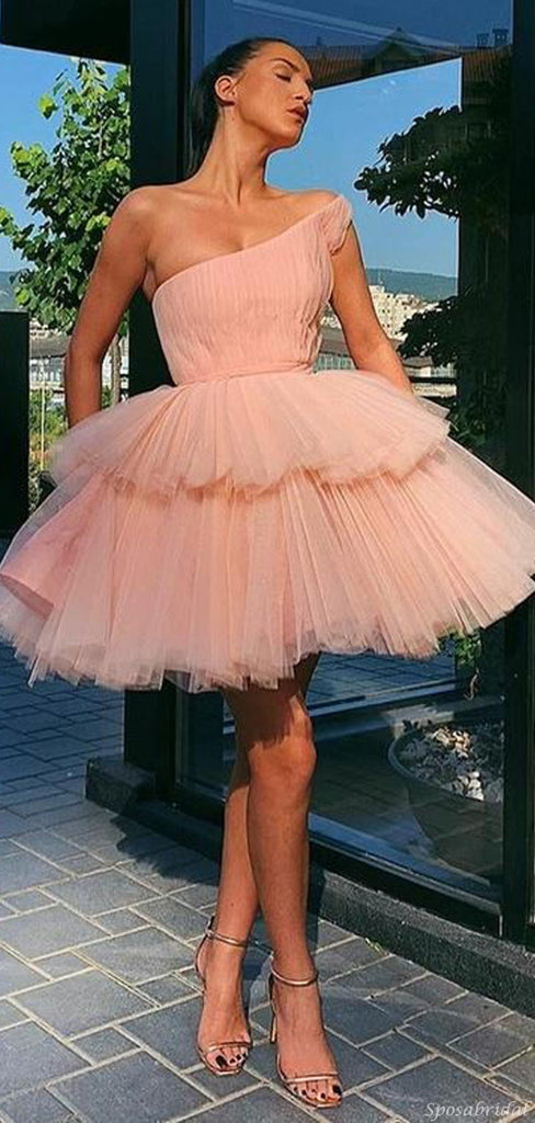 Elegant Pink Ballet One-shoulder Ruffle Short A-line Homecoming Dress, Graduation Dress, HD3071