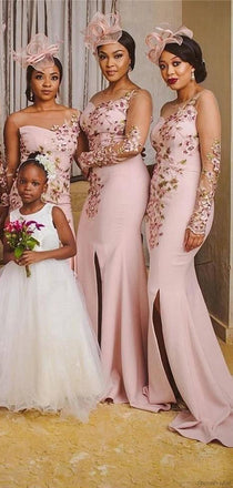 Elegant Pink One-shoulder Floral Lace Mermaid Side-slit Long Bridesmaid Dress, BD3224