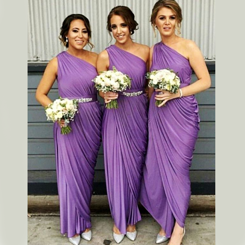 Elegant Purple Greek Godness One-shoulder Pleats Mermaid Long Bridesmaid Dress, BD3076