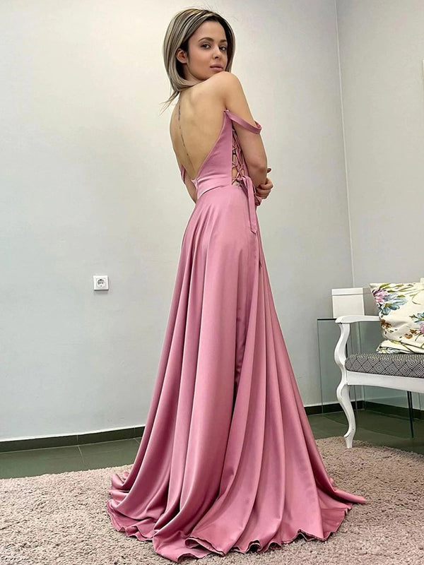 Elegant Sexy Off-shoulder Spaghetti Straps Side-slit A-line Long Prom Dress, PD3510
