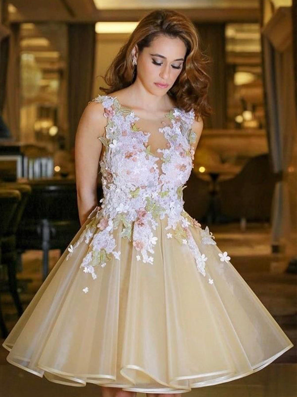 Elegant Soft Yellow Floral Appliques V-neck A-line Backless Mini Homec SposaBridal Elegant Soft Yellow Floral Appliques V-neck A-line Backless Mini Homec SposaBridal