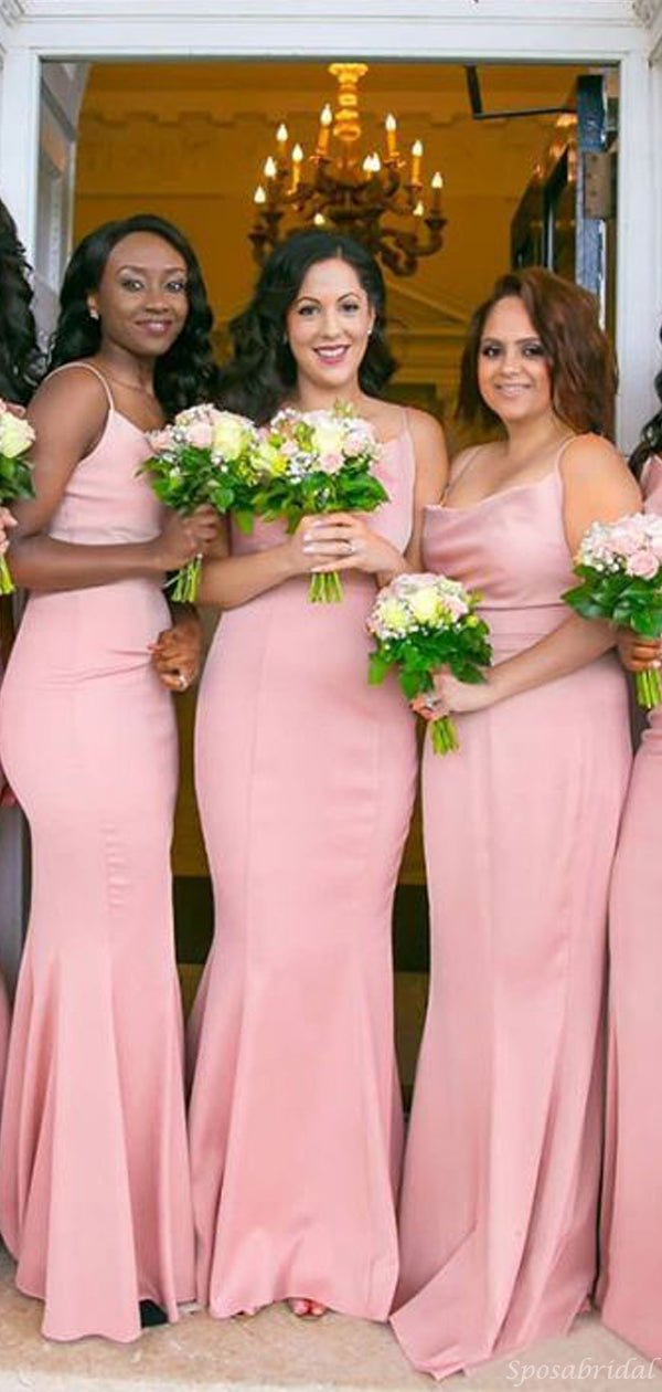 Elegant Spaghetti Strap Blush Pink Mermaid Long Bridesmaid Dresses, BD ...