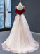 Elegant Spaghetti Strap Burgundy Velvet Top Pink A-line Long Prom Dress, PD3173