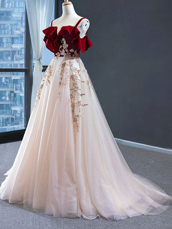 Elegant Spaghetti Strap Burgundy Velvet Top Pink A-line Long Prom Dres SposaBridal Elegant Spaghetti Strap Burgundy Velvet Top Pink A-line Long Prom Dres SposaBridal