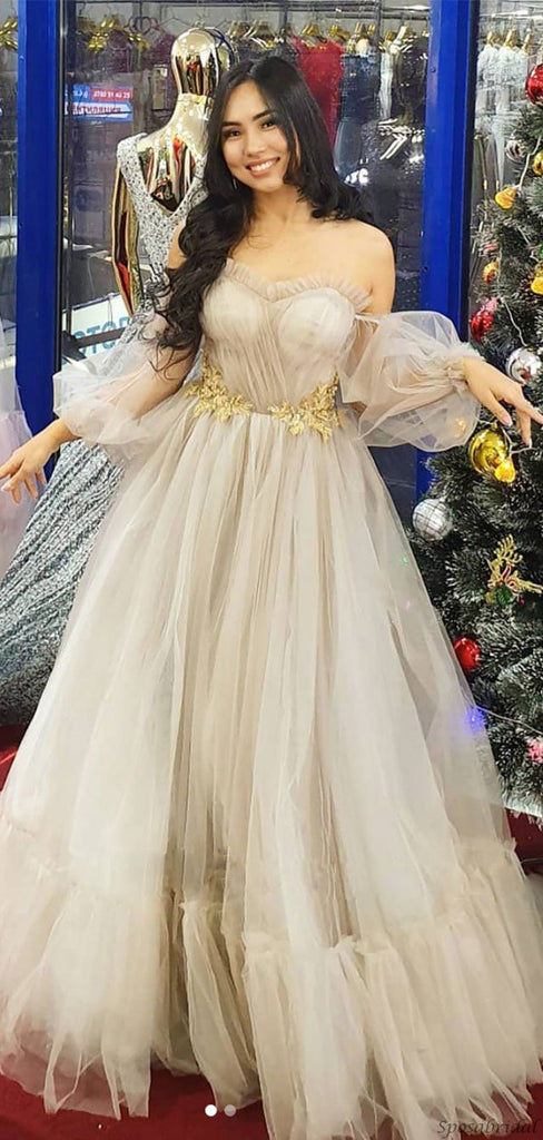 Elegant Sweetheart Off-shoulder A-line Long Tulle Prom Dress, PD3262