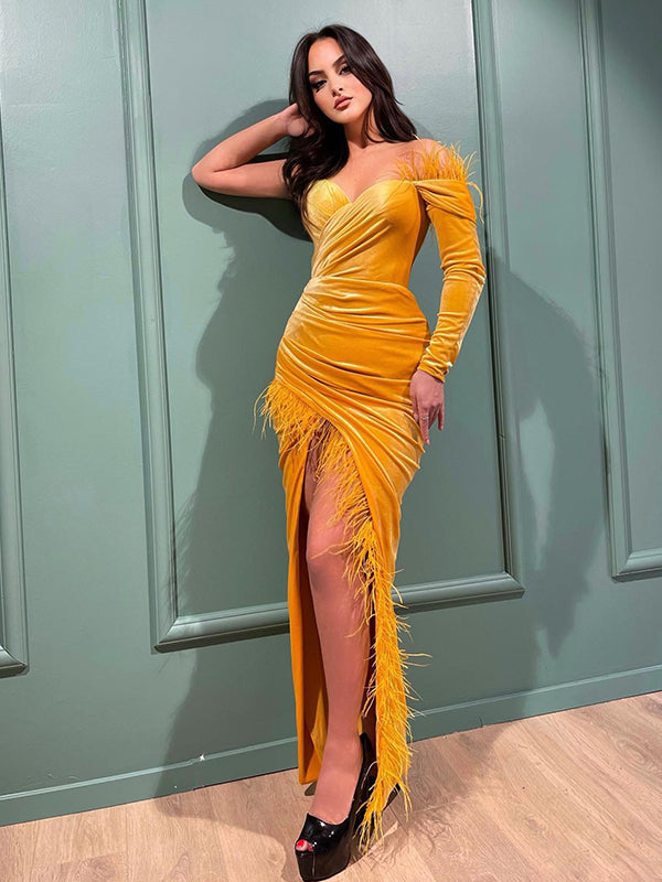 Elegant Tangerine Velvet One-shoulder Feather Mermaid Long Prom Dress, PD3562