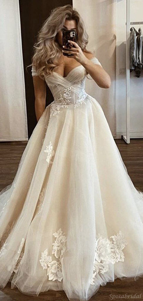 Elegant V-neck Off-shoulder A-line Lace Long Prom Dress Gown, PD3134